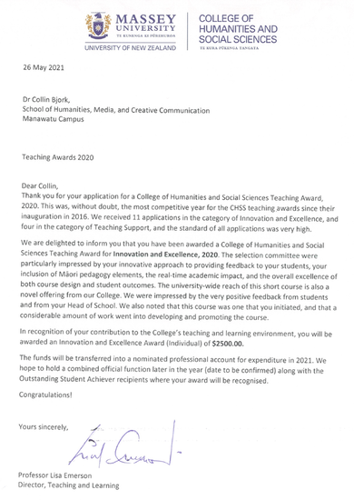 Copy of Innovative Teaching Award letter to Collin Bjork on blue Massey University letterhead.