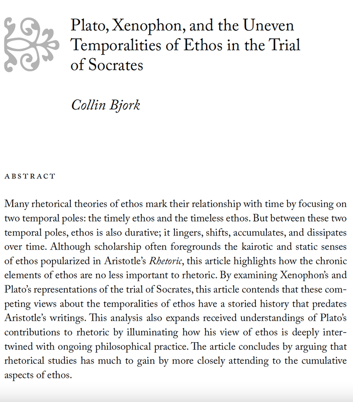 screenshot of front page of Collin Bjork's journal article in Philosophy and Rhetoric about Plato, Ethos, and Time