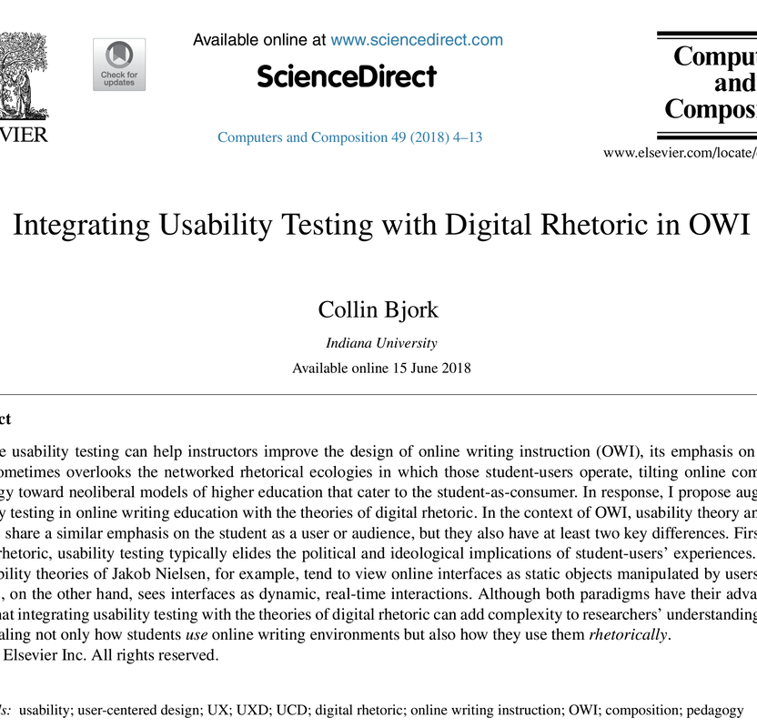 screenshot of Collin Bjork's article in computers and composition about digital rhetoric and usability testing in online writing courses and teaching